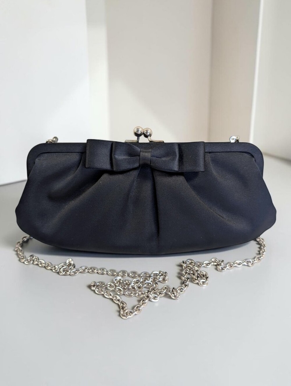 Talbots Black Satin Bow Kiss Lock Evening Clutch Chain Strap